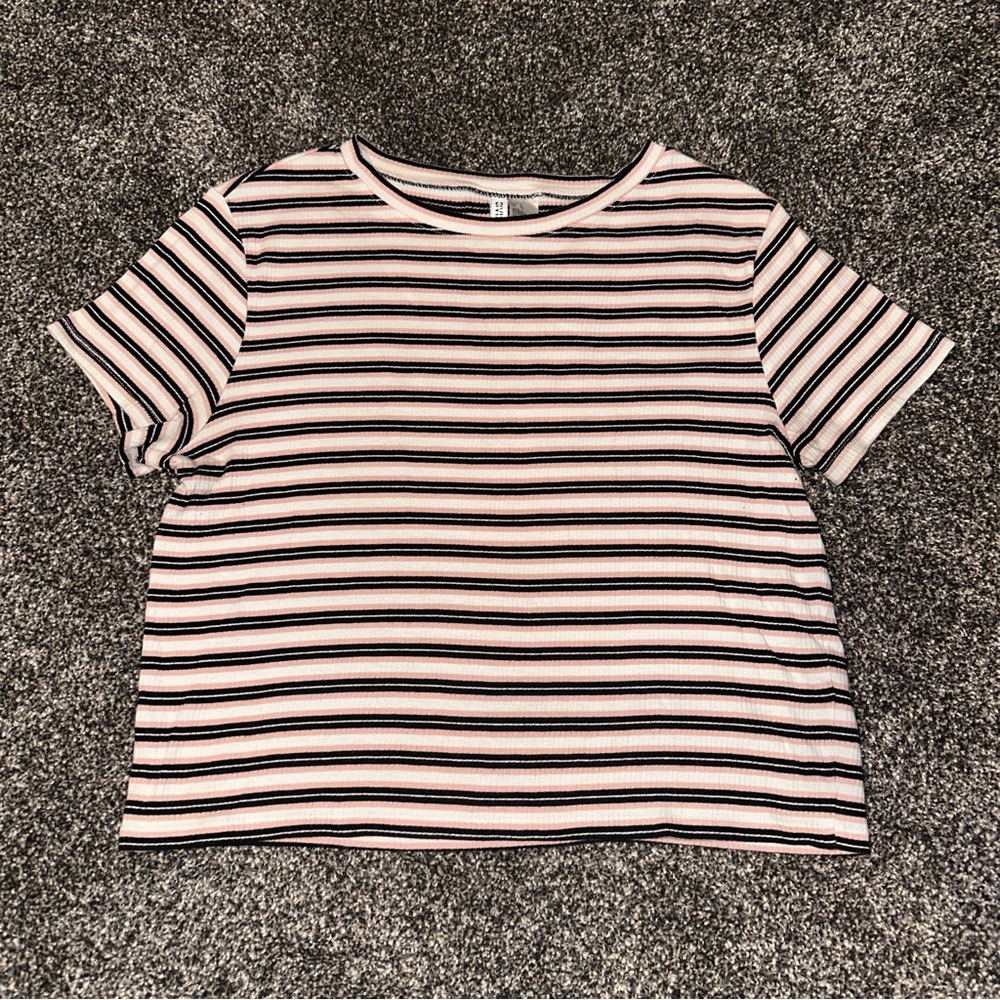 H&M Pink and Black Striped Short Sleeve Tee